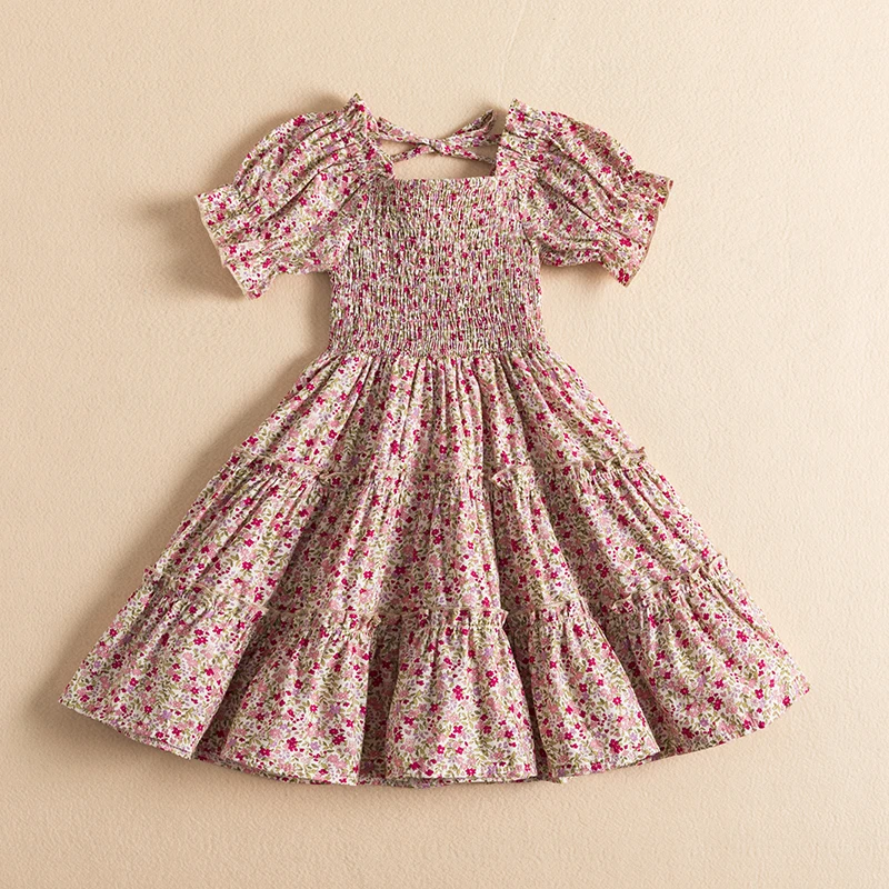 

Floral Smocked Clothes 3-8 Years Old Toddler Girl Dress Ruffled Birthady Party Princess Dress Kids Everyday Casual Summer Dress