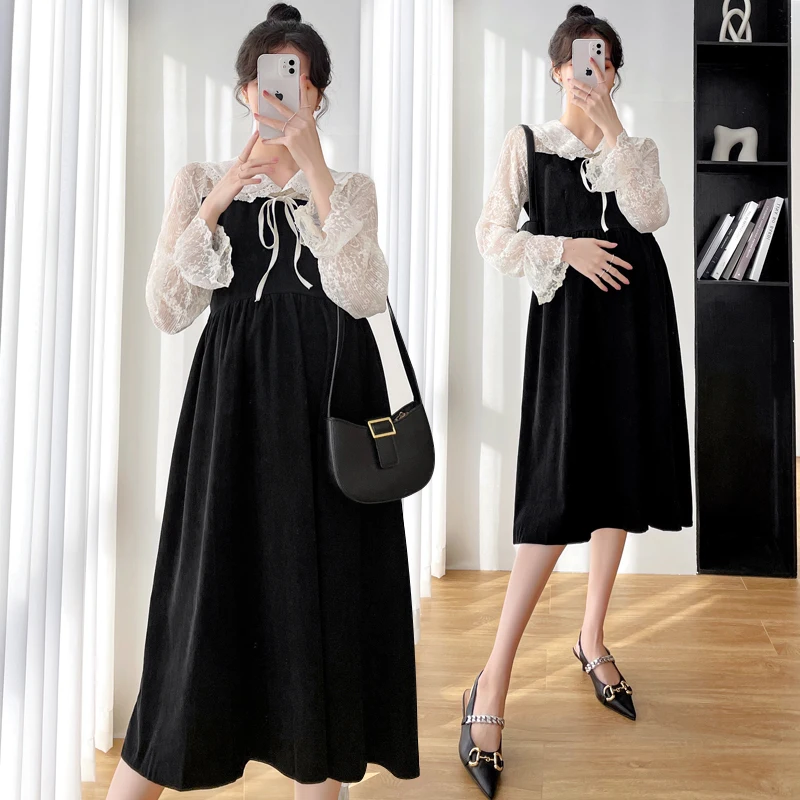 

7036# Autumn Winter Corduroy Patchwork Lace Maternity Party Dress Elegant A Line Formal Clothes for Pregnant Women Pregnancy