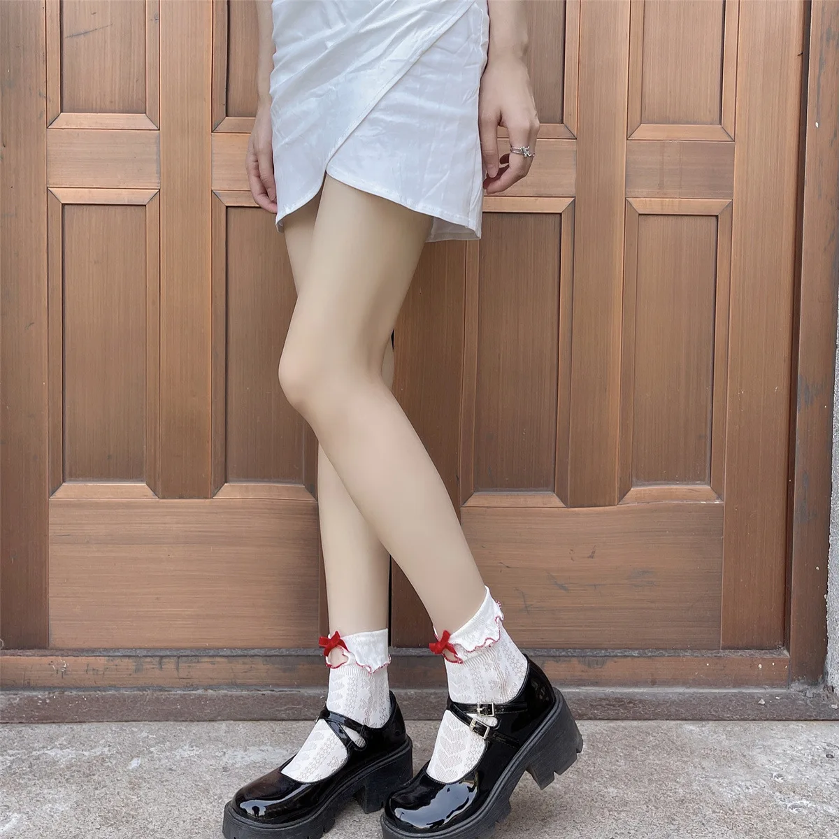 Sweet Cute Women Girls Socks JK Lolita Japanese Velvet Bow Ruffle Socks Hollow Out Sexy Lace Mesh Thin Low Cut Ankle Socks Women