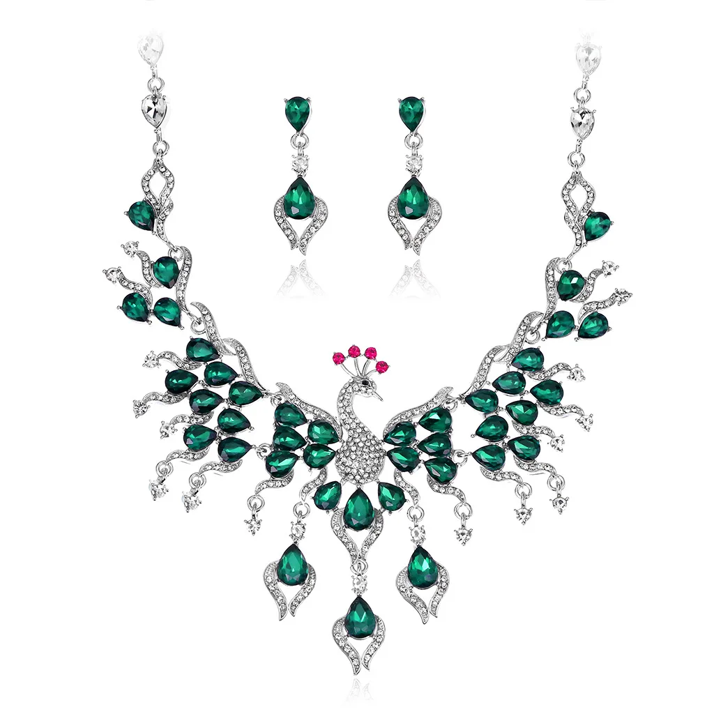 

Exquisite Blue Green Rhinestones Peacock Pendant Necklace Earrings Set Women Luxury Party Dress Jewelry Eelgant Crystal Choker