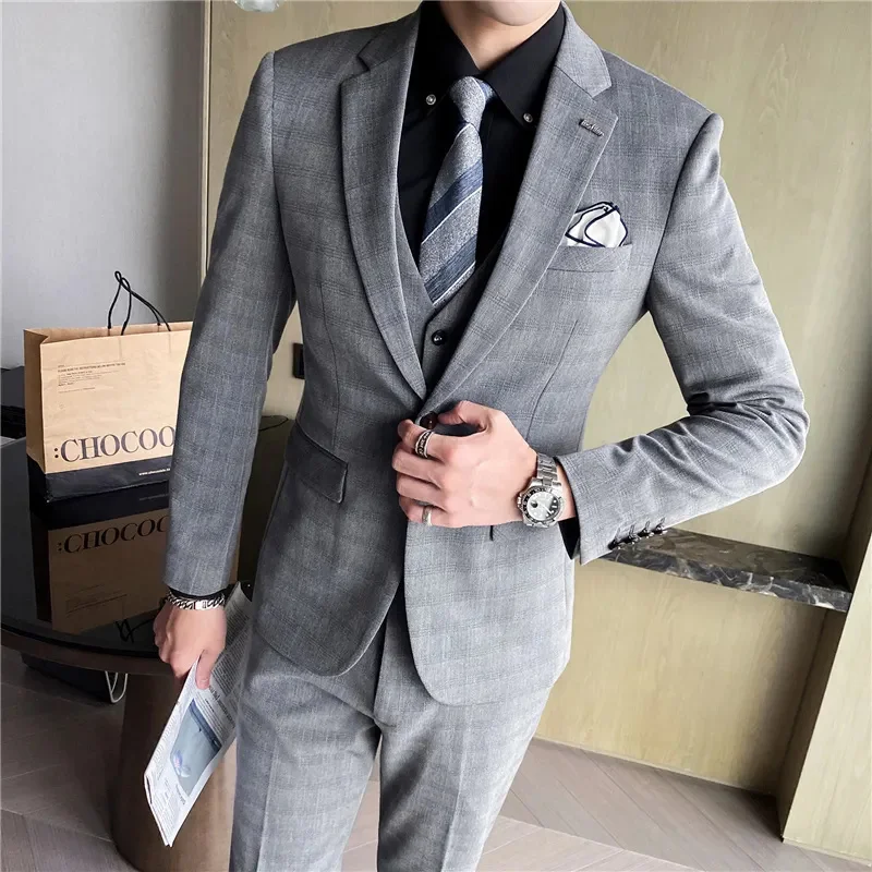 

Men's business (suit waistcoat and trousers) casual fashion formal wear gentleman's coat slim party wedding dress plaid