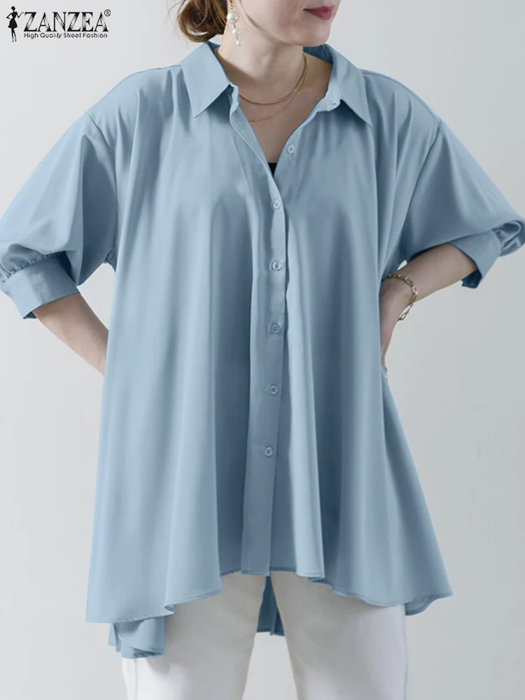 

Women Casual Long Sleeve Solid Shirt ZANZEA Elegant Turn Down Collar Blouse 2022 Stylish High Low Chemise Oversized OL Tunic Top