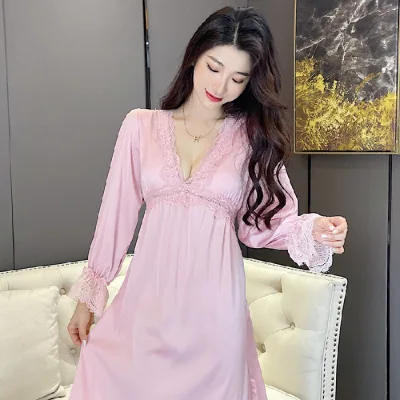 

French Lace V-neck Long Nightgown Sleepwear New Female Nightdress With Bra Sexy Retro Court Style Home Dress Rayon Loungewear