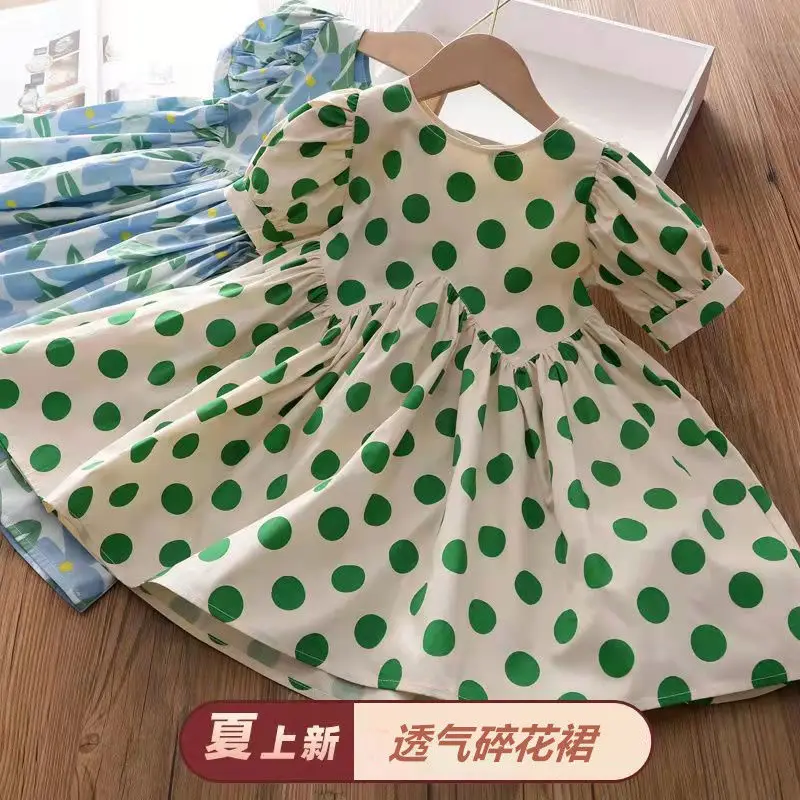 

Girls' Western-Style Cotton Dress Baby Retro Polka Dot Short-Sleeved Doll Skirt Girl Wavy Waist Cotton Skirt Summer
