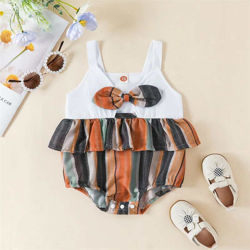 

0-12months Baby Girls Striped Romper Summer Casual Sleeveless Clothes Ruffle Layered Playsuit with Bow Decor