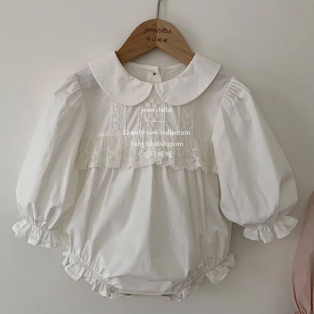 

Korean White Lace Embroidery Princess Dress Cute Petal Collar Infant Baby Girls Romper Bodysuit Birthday Clothes Sister Outfits