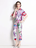 2022 summer women turn down neck floral print loose blouses and pencil ninth pants set matching clothing 2 piece set suit s2132