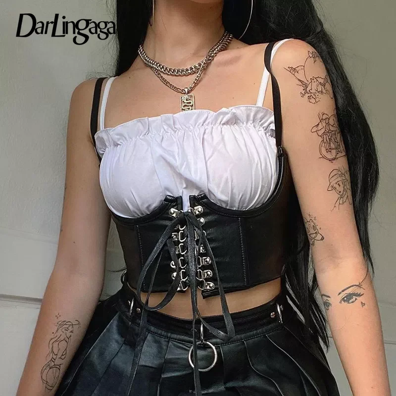 

Darlingaga Streetwear Gothic Dark PU Leather Crop Top Women Hook Lace Up Punk Style Tank Top Cummerbunds Corset Tops To Wear Out