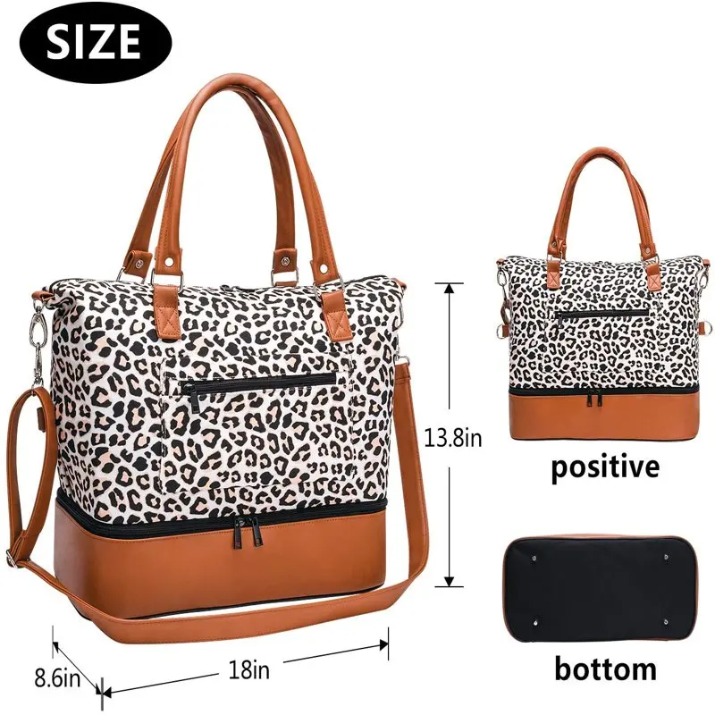 Women Travel Duffle Bag Carry On Tote Weekender Overnight Bag - PU Leather Shoulder Strap Leopard 18 Inch