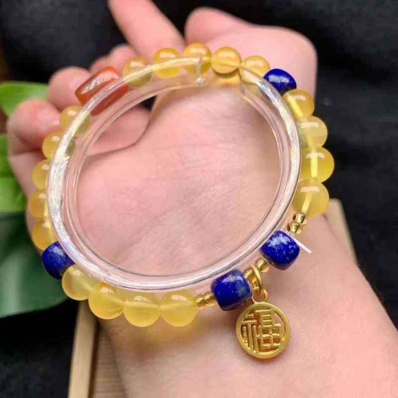 Браслет из натурального янтарного пчелиного воска с бусинами лазурита и