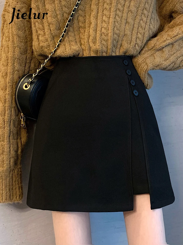 

Jielur Шерстяная черная короткая юбка антибликовые женские юбки 2022 приталенные трапециевидные элегантные женские юбки сплошного цвета на пуг...