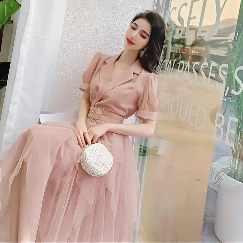 

2022 Women Summer Fashion Irregular Stitching Gauze Dress Female Notched Long Vestidos Ladies Short Sleeve Loose Dresses E94