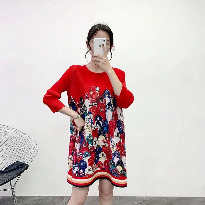 

Ocean generous age-age fold dress skirt 2022 spring and summer new European and American fashion printing thin straight dress