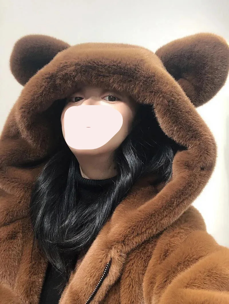 Autumn  Winter 2022  Fur Coat Cute Girl Faux Fur Jacket  Little Bear Ears Plush Thickened Loose Medium Length Hooded Coat Women