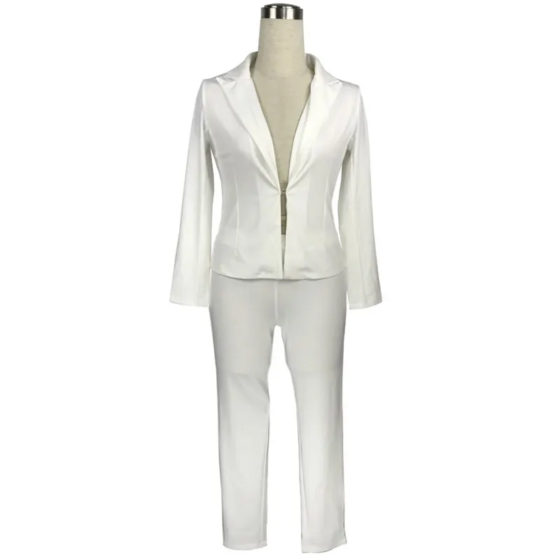 Women White Single Button Blazer Elegant Two Piece Blazer Set Elastic Long Pants 2021 New Spring Autumn Office Lady Pant Suits