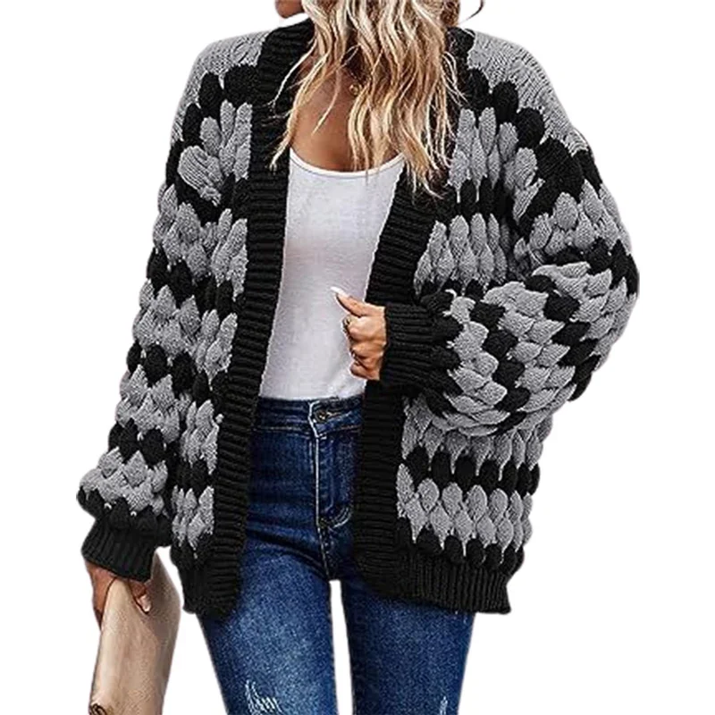 

Autumn Winter Knitted Cardigan Sweater Women Thickened Warm Stripes Lantern Long Sleeve Jumpers Female New Loose Woven Outerwear