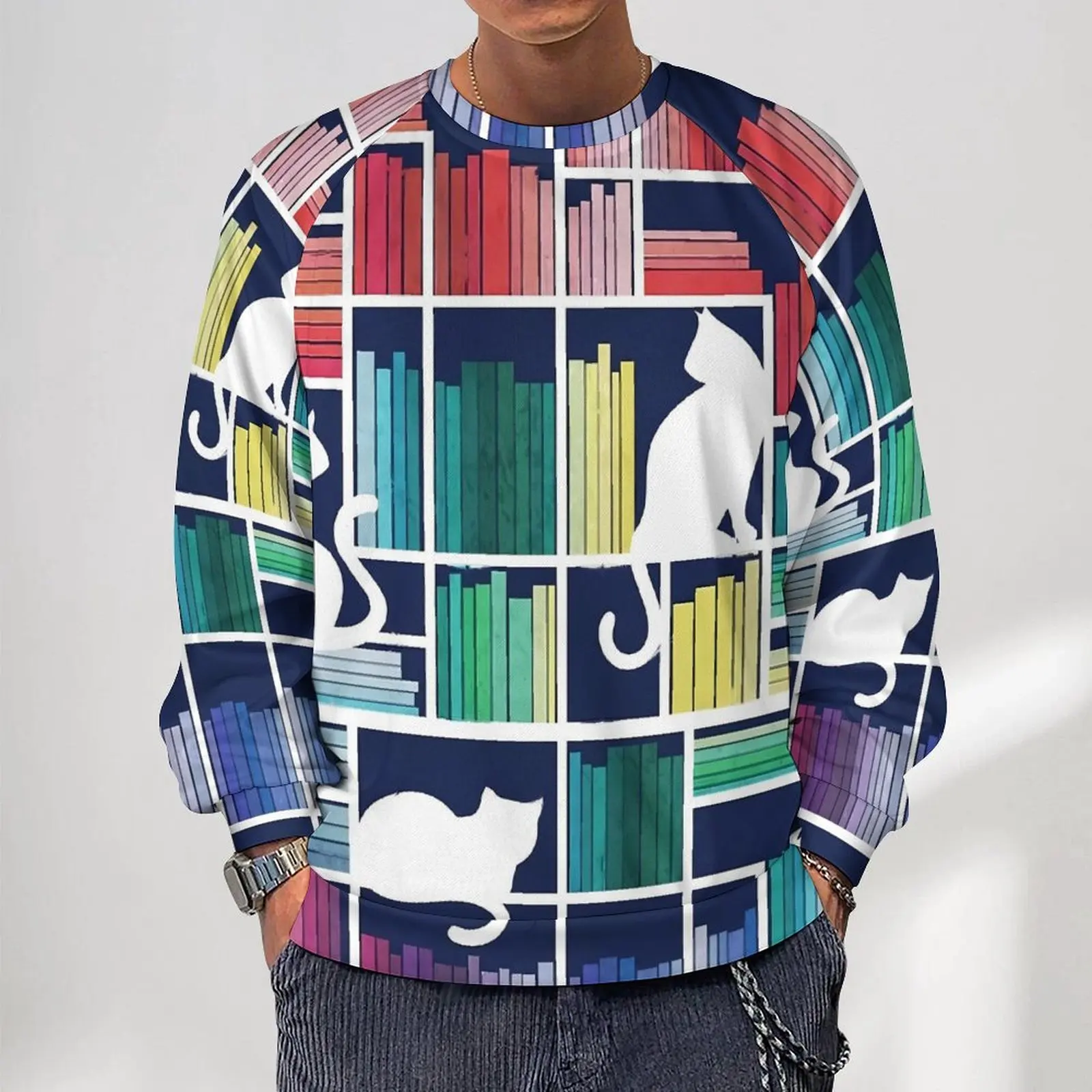 

Library Cats Loose Sweatshirts Man Rainbow Bookshelf Outerwear Hoodies Winter Aesthetic Graphic Hoodie Plus Size 5XL 6XL