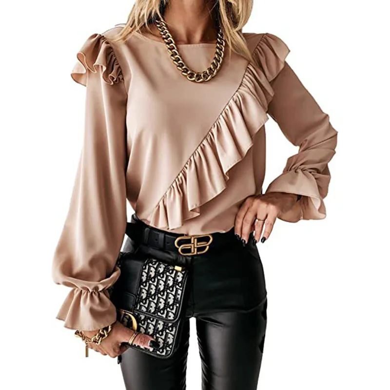 

2023 Spring Autumn Fashion Ruffle Patchwork Women's T Shirts Casual Loose Soold Long Sleeve Elegant Ladies O Neck T Shirts Basic