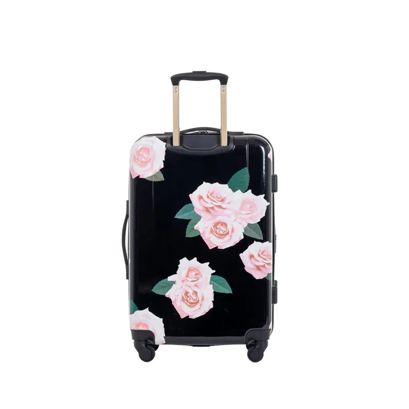 24-inch Hardside Rolling Spinner Checked Luggage, Pink Roses on Black