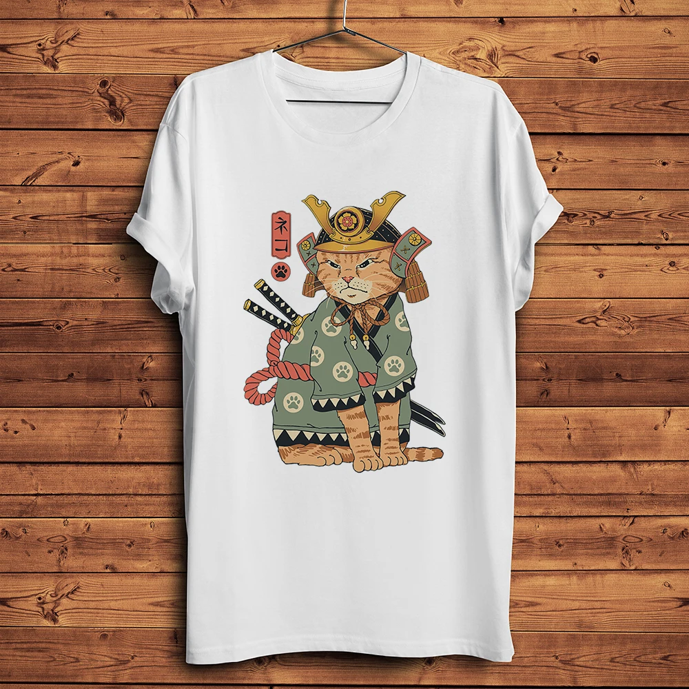 

Japan Ukiyoe Neko Cat Samurai Funny Shirt Men Summer New White Casual Short Sleeve T-shirt Unisex Ukiyo Streetwear Tee