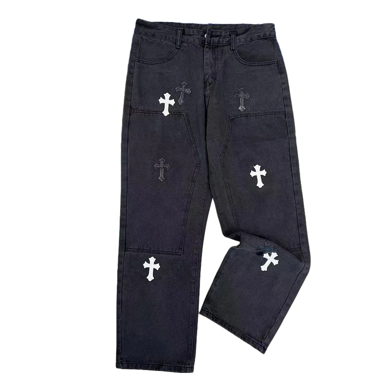 Men's Wide Leg Jeans Unisex Denim Trousers Loose Straight Cut Cross Patch Cargo Pants Hip Hop Trend Men's Loose Pants Streetwear