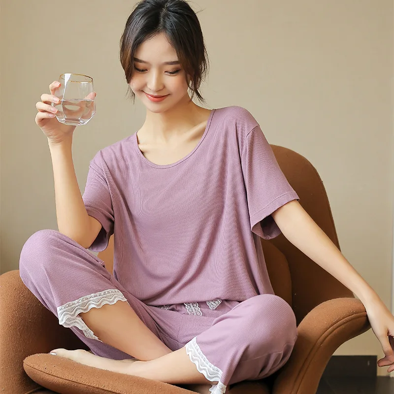 

Summer Ladies Thin Modal Pajamas Short-Sleeve Comfortable Loungewear Girls Lace Edge Embellished Pajama Pants Sleepwear Set