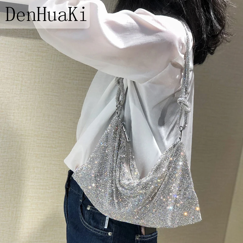 

Handle Rhinestones Evening Clutch Bag silver Shiny Crystal Dinner Party Wedding Purses and Handbag Luxury Designer Shoulder Bag