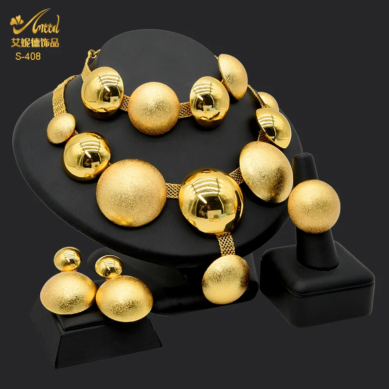 

Dubai Gold Plated Jewelry Set for Women Round Necklace Bracelet African Wedding Party Bridal Earrings Ring Indian Jewellery