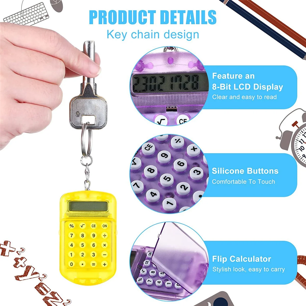 

24 Pcs Pocket Calculator Key Ring for Kids Mini Clear Flip Portable Calculator 8 Digit Electronic Calculator