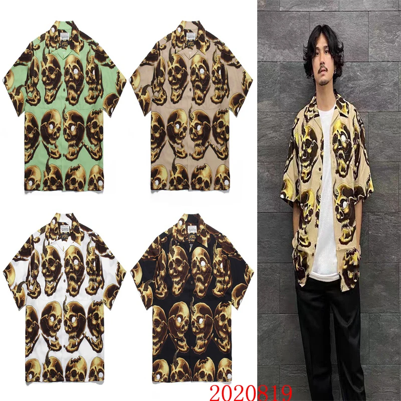 

Demon Damage Hole Skulls Print WACKO MARIA Short Shirt Men Women High Quality Casual Hawaii Beach Shirts Japan