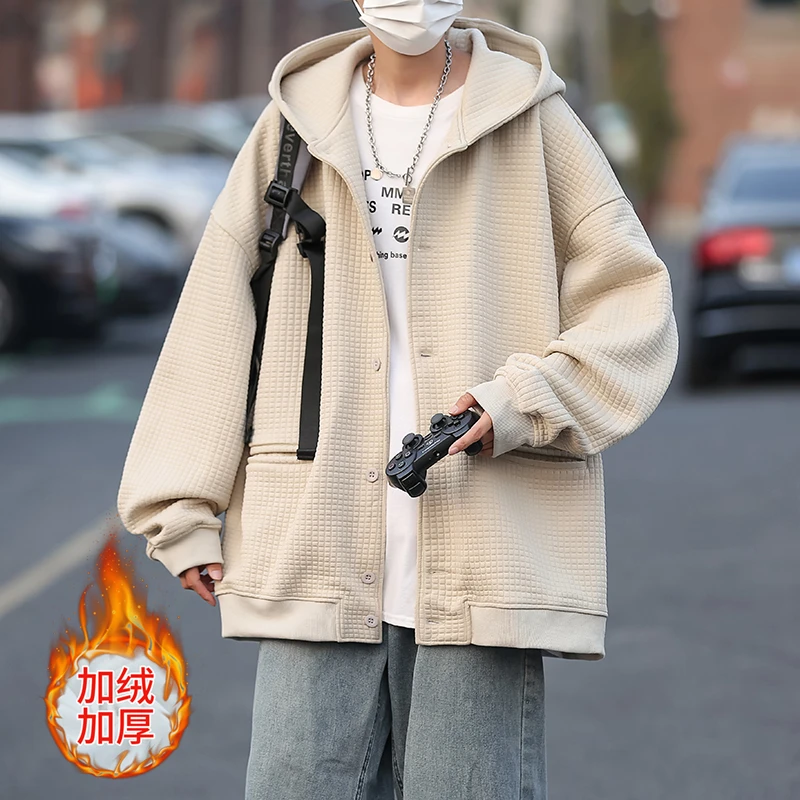 

2023 autumn and winter plush and thick waffle hooded sweater men's cardigan jacket