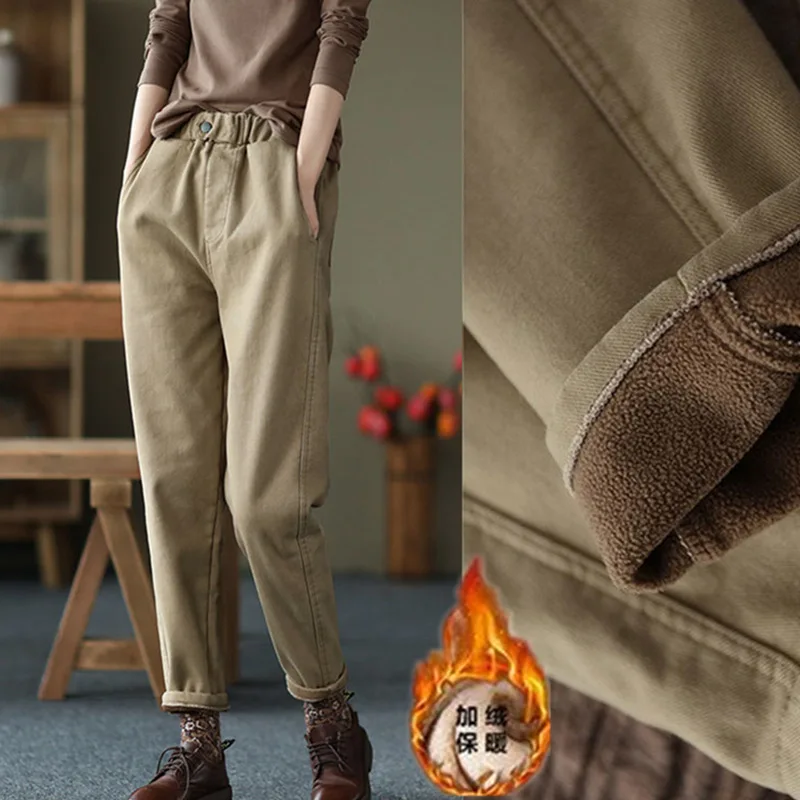 

Брюки Harlan для женщин, новинка сезона осень-зима 2023, хлопковые утепленные прямые брюки с плюшевой подкладкой в стиле ретро, Модные женские свободные Теплые повседневные брюки