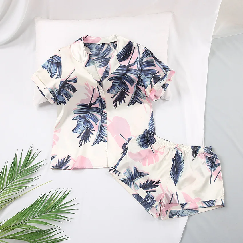 Women's  2 Piece Pajamas Sets Turn Down Collar Faux Silk Satin Female Pijama Sleepwear Short Sleeve Shorts Loungewear Pyjama