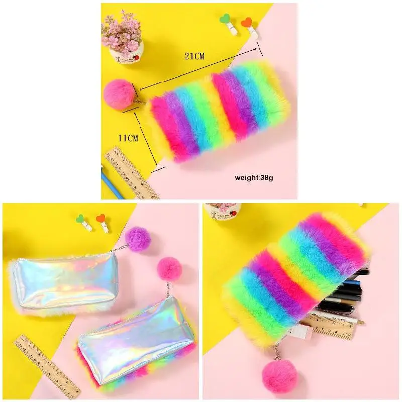 

1 Pcs Rainbow Color Plush Pencil Case Makeup Bags Pompom Ball Decor Stationery Pouch Exquisite Beautiful SP99