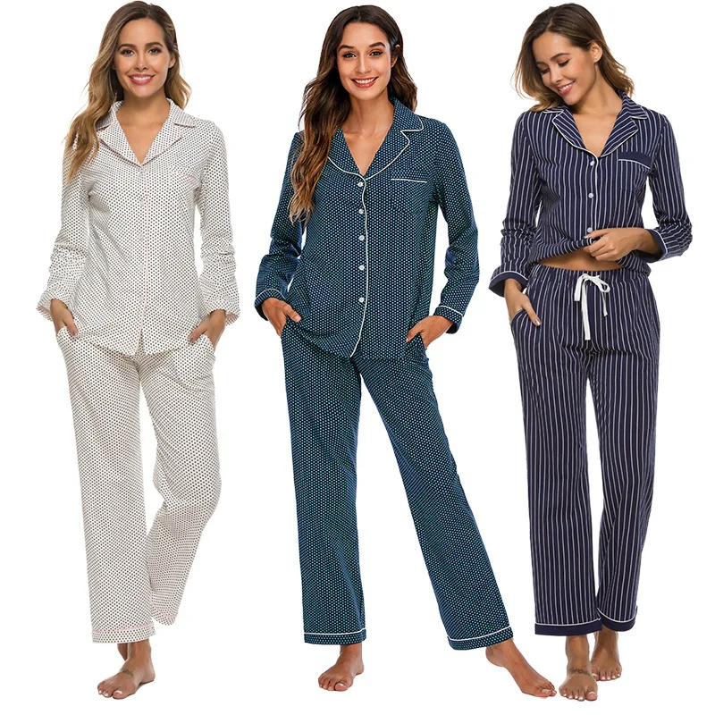 

Autumn and Winter New Women's Pajamas Cardigan Striped Polka Dot Pajamas Home Wear Sleep Tops Pijamas Women Sleepwear
