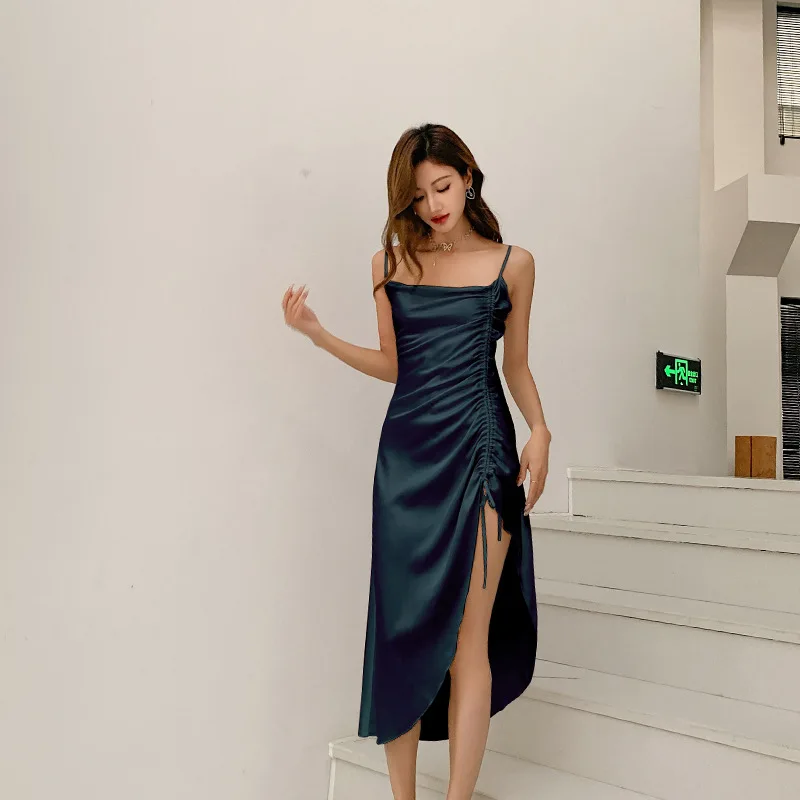 Ice Silk Nightgown Sleep Dress Solid Color Sleeveless Split Drawstring Sleep Dress Women Homewear Lounge Sexy Home Dress