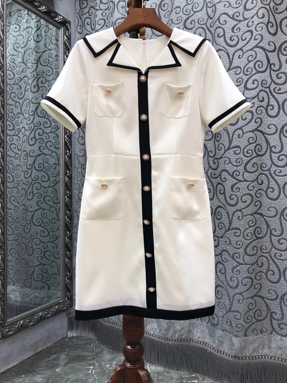 

2022 new women fashion short sleeve lapel pearl button trim breasted dress 515