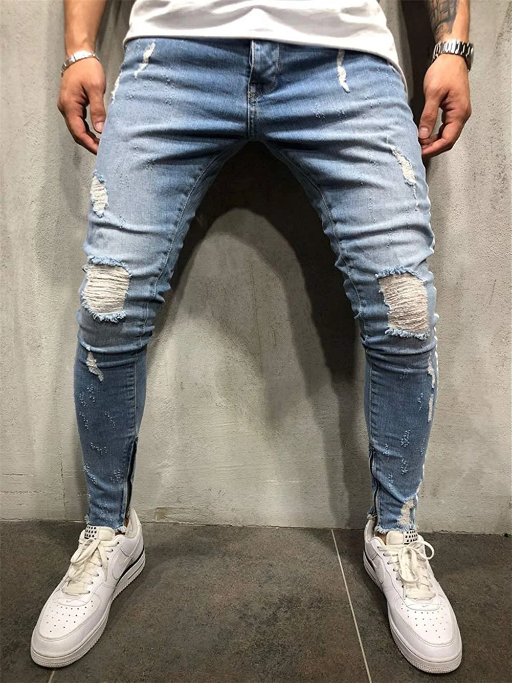 Men Skinny Jeans Biker Destroyed Frayed Fit Blue Denim Ripped Side Stripe Pencil Pants Hip Hop Streetwear Jeans