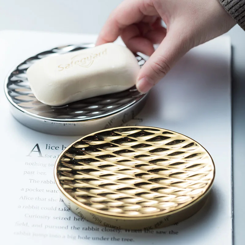 

Золотистый Серебристый керамический футляр для мыла, держатель для ванной комнаты, душа, губчатая тарелка для хранения, Товары для ванной к...