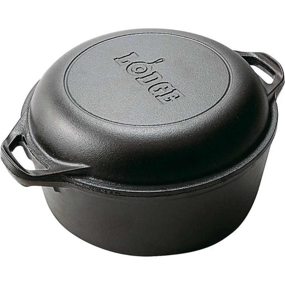 

Cast Iron 5 Quart Seasoned Double Dutch Oven Outdoor Camp Cookware with Lid Skillet Open Fire All In One