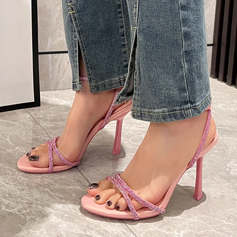 

Brand Design Pink High Heels Sandals Women Summer 2023 Crystal Ankle Straps Sandals Woman Plus Size 42 Thin Heeled Party Shoes