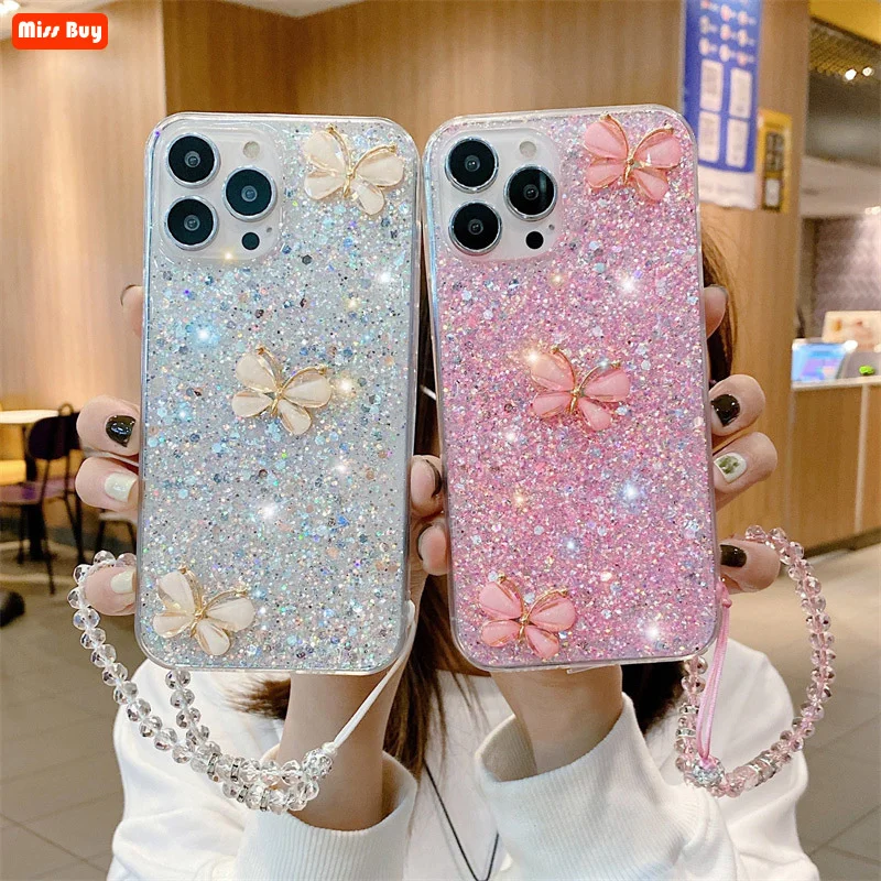 

Fashion Bling Bling Glitter Silicone Bracelet Phone Case For iPhone 13 12 11 Pro Max Mini X XS XR 7 8 6 6S Plus Butterfly Cover