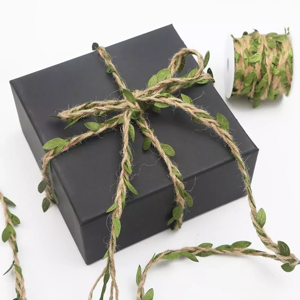 

New 2M 5M Natural Jute Burlap Rattan Artificial Silk Green Leaves Jute Rope Lace Trim Rustic Hessian Leaf Garland for Wedding Ho