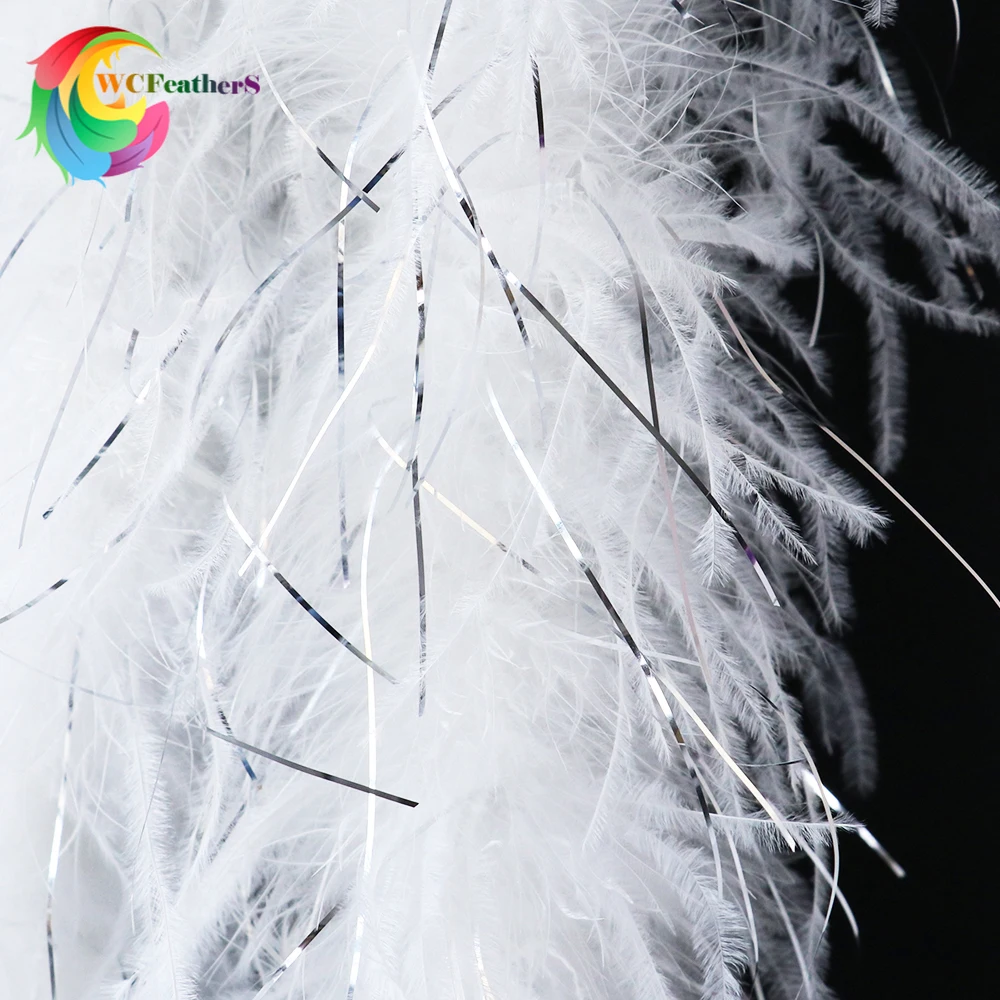 

2Metres White Silver Thread Ostrich Feather Boa Plume for Hat/Dress Sewing Accessories Scarf Shawl Christmas Tree Carnival Decor