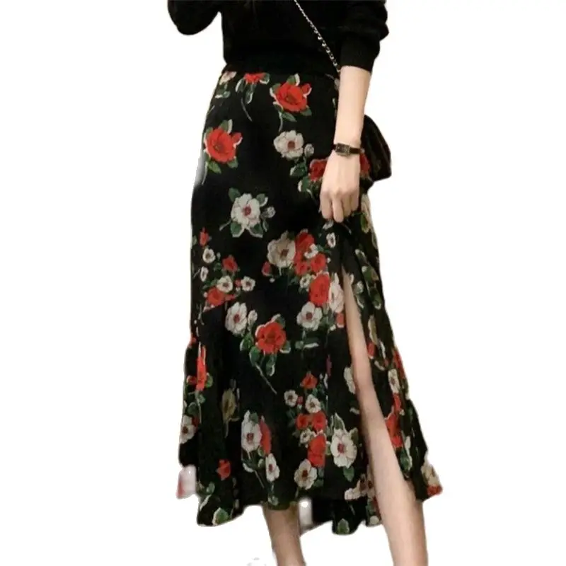 

2023 New Spring Summer High Waist Slim Black Slit Skirt for Women Clothing Stylish Bohemian Wrap Floral Skirts Faldas Mujer bc97