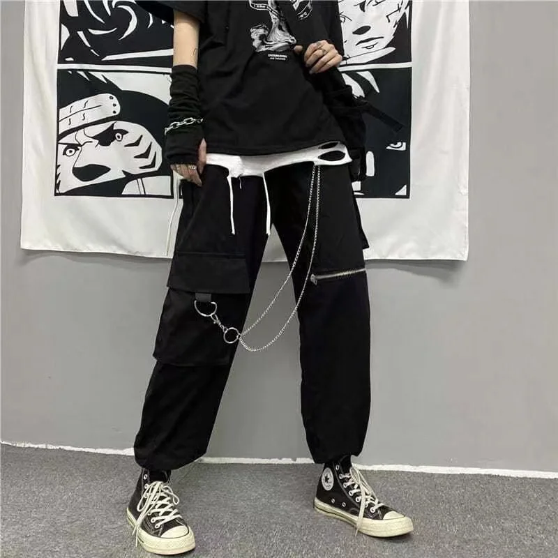 

Emo Men Black Japanese Harajuku Streetwear Cargo Pants Ribbon Pockets Sweatpants Joggers Techwear Harem Sports Trousers Clothes
