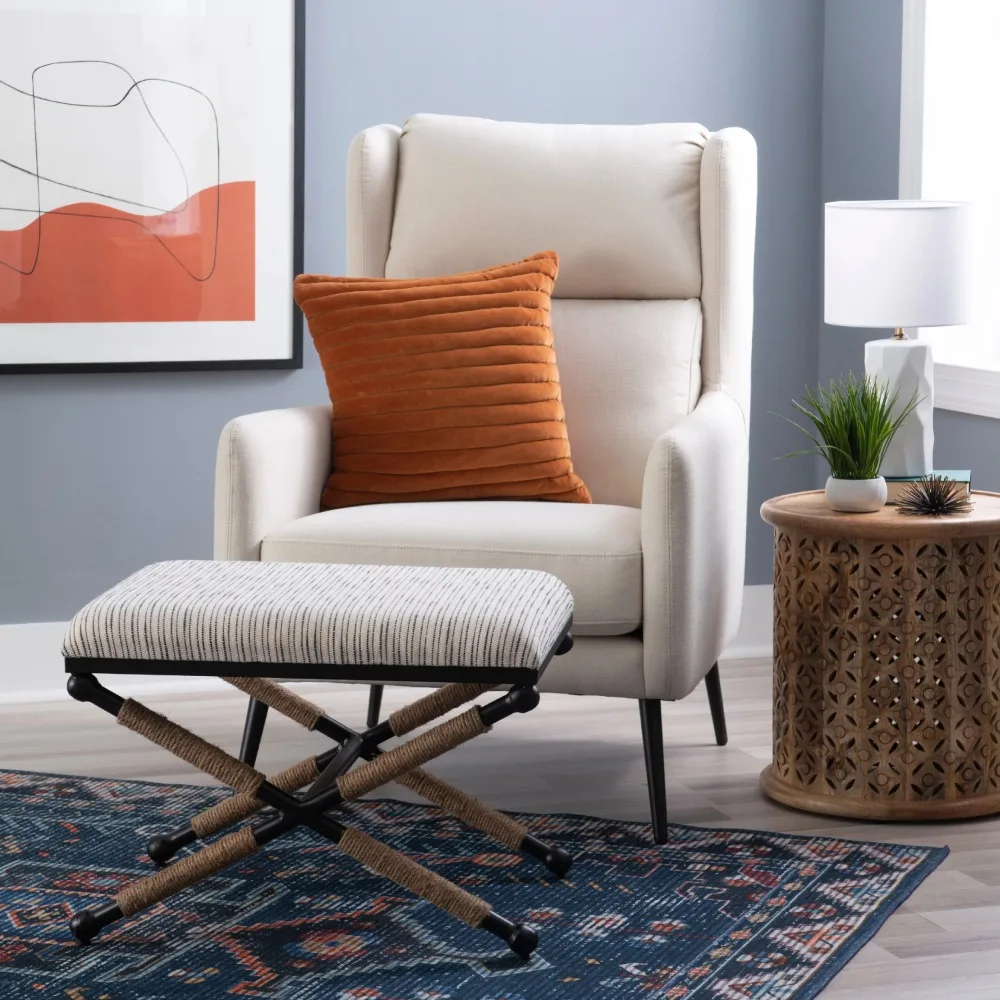 

Linon Brewster Boho Indoor Stool Ottoman, Black and White