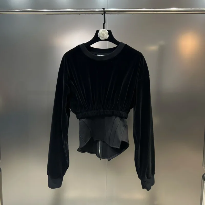 

BORVEMAYS Black Velvet T-shirt Temperament O Neck Long Sleeve Solid Color Casual Tops Women 2023 Autumn New WZ5508