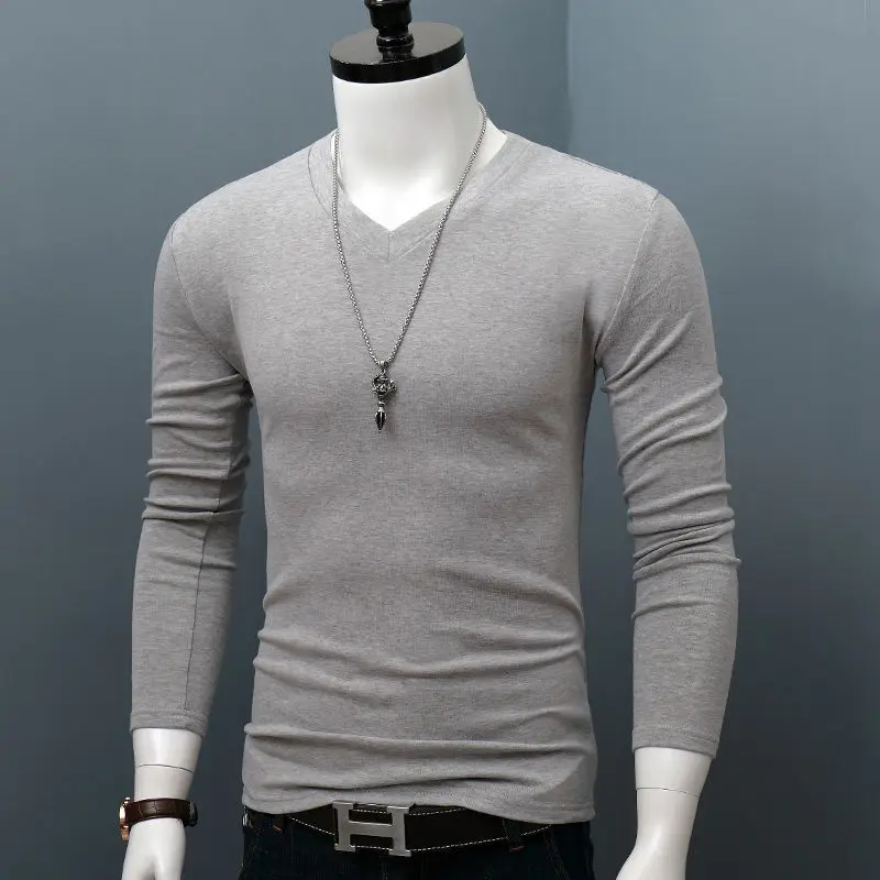 

Мужская хлопковая футболка с V-образным вырезом, длинным рукавом