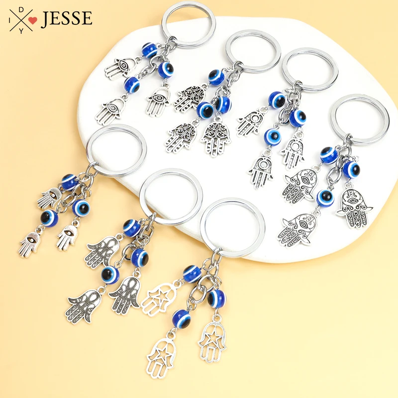 

Fatima Hamsa Hand Evil Eye Pendant Keychain Blue Turkish Eye Resin Beads Keyring for Women Men Bag Car Key Holder Amulet Jewelry